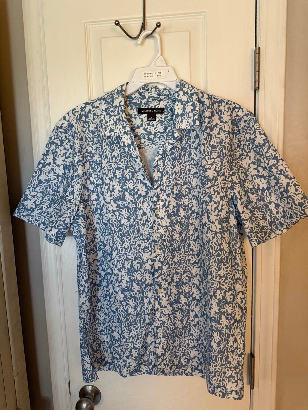 Michael Kors Mens Medium Blue White Floral Short Sleeve Button Down Shirt NWOT